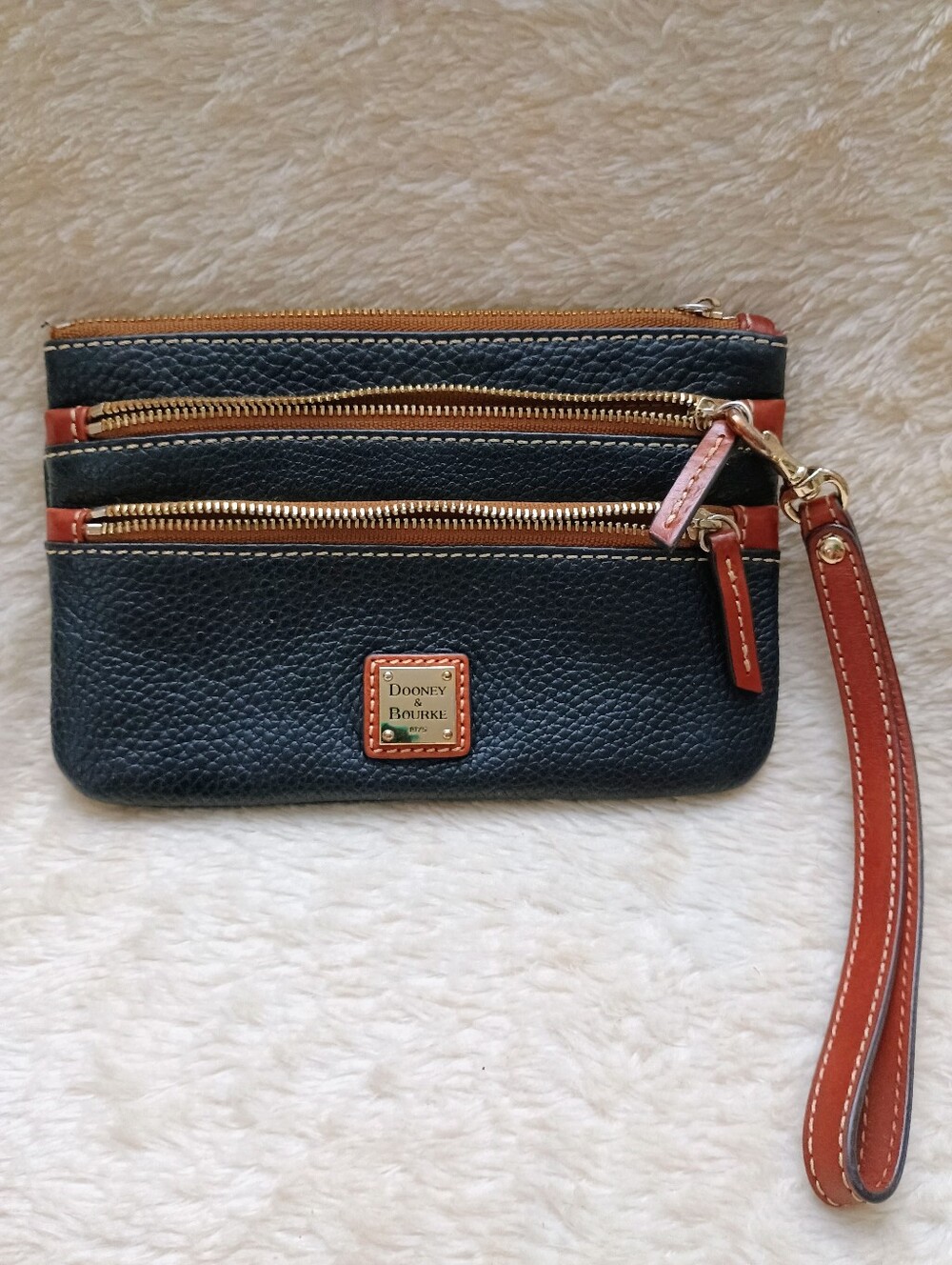 Dooney & Bourke Black Pebble Grain Leather Large Triple Zip Wristlet